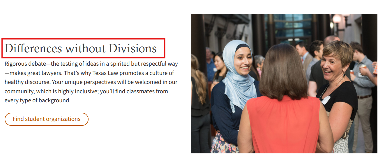 Screenshot of UT Austin School of Law's Community page that features a section on Differences without Divisions, highlighting that the school aims to diversify its student body.