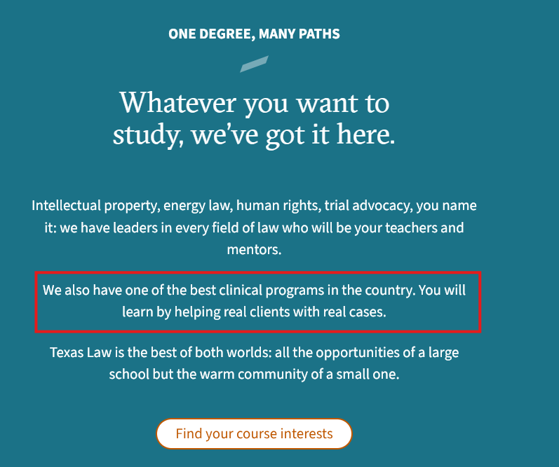 Screenshot of UT Austin School of Law's Why Texas Law page that suggests it has one of the best clinical programs in the country.