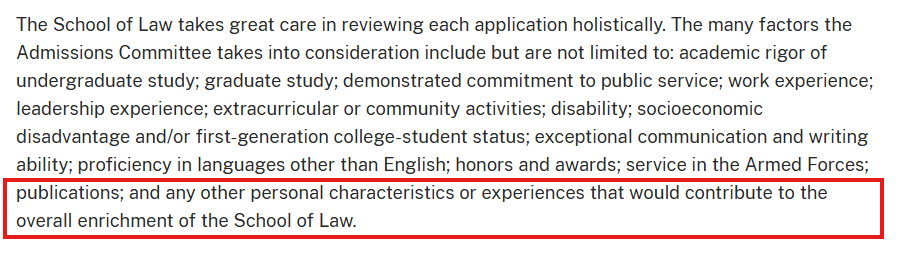 Screenshot of UT Austin School of Law's admissions page that suggests they look for individuals with personal characteristics that improve the enrichment of the law school.