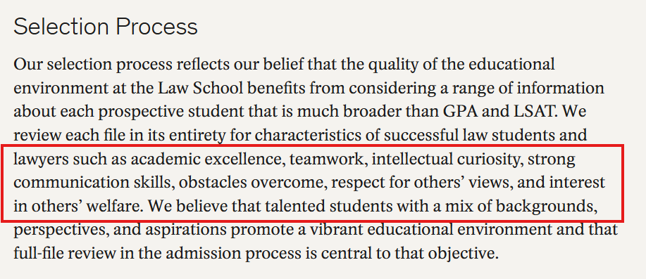 Screenshot of Vanderbilt Law School's Binding Early Decision page that highlights what the admissions committee looks for in competitive applicants