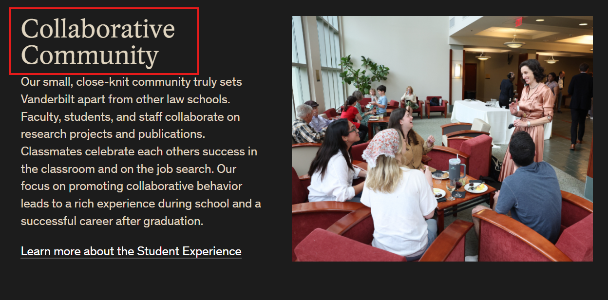 Screenshot of Vanderbilt Law School's About page that highlights its collaborative learning environment