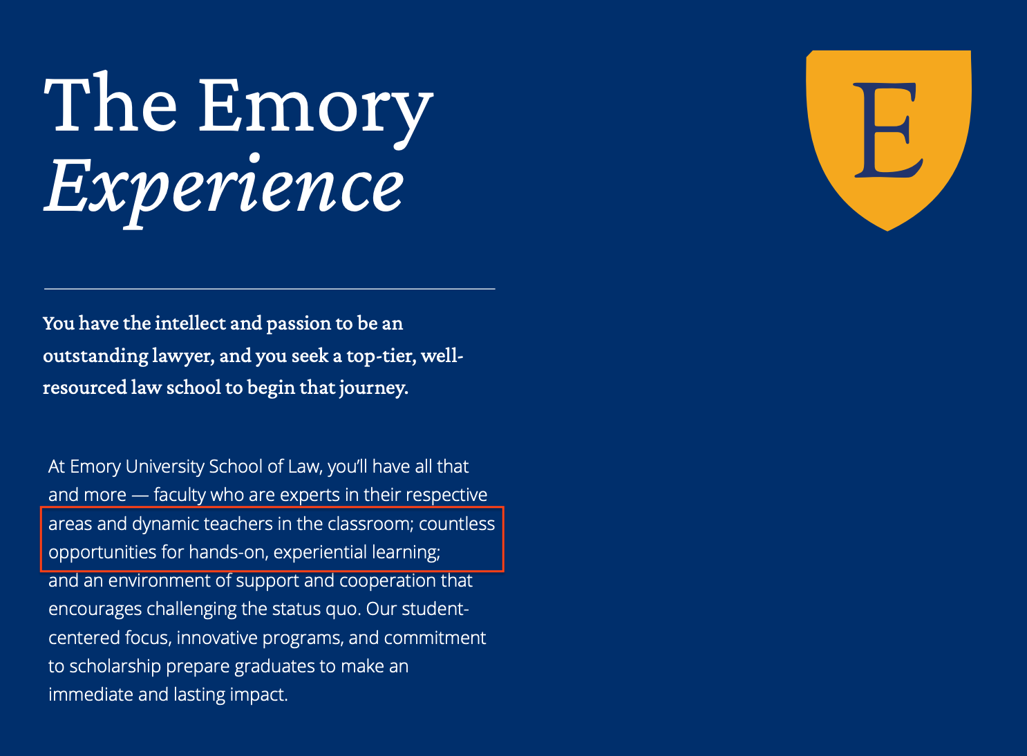 screenshot of Emory Law School's admissions brochure