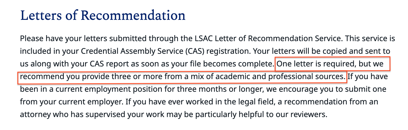 screenshot of Emory Law School's admissions requirements around letters of recommendation