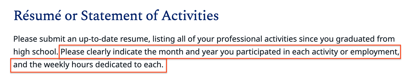 screenshot of Emory Law School's admissions requirements around resume