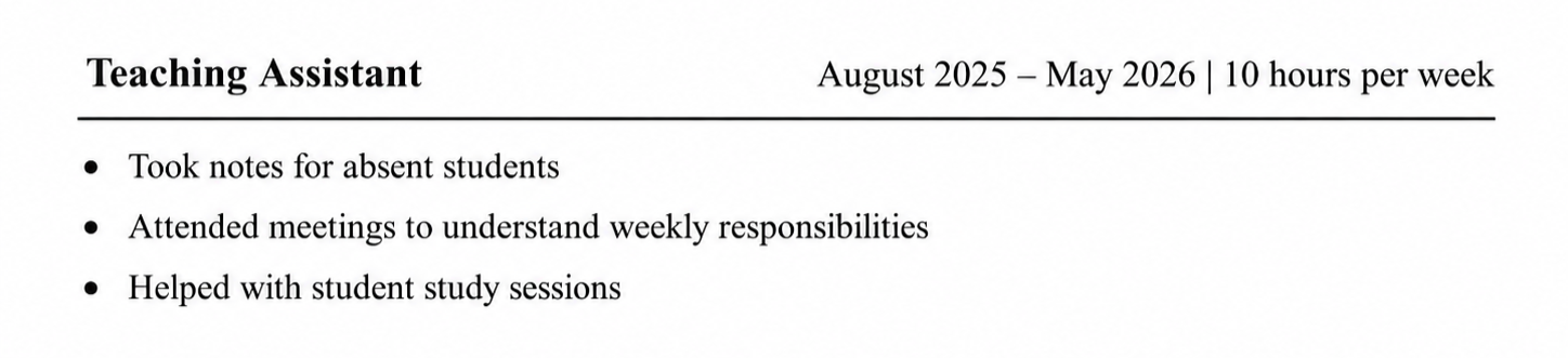 Snippet of a weak law school resume work experience entry