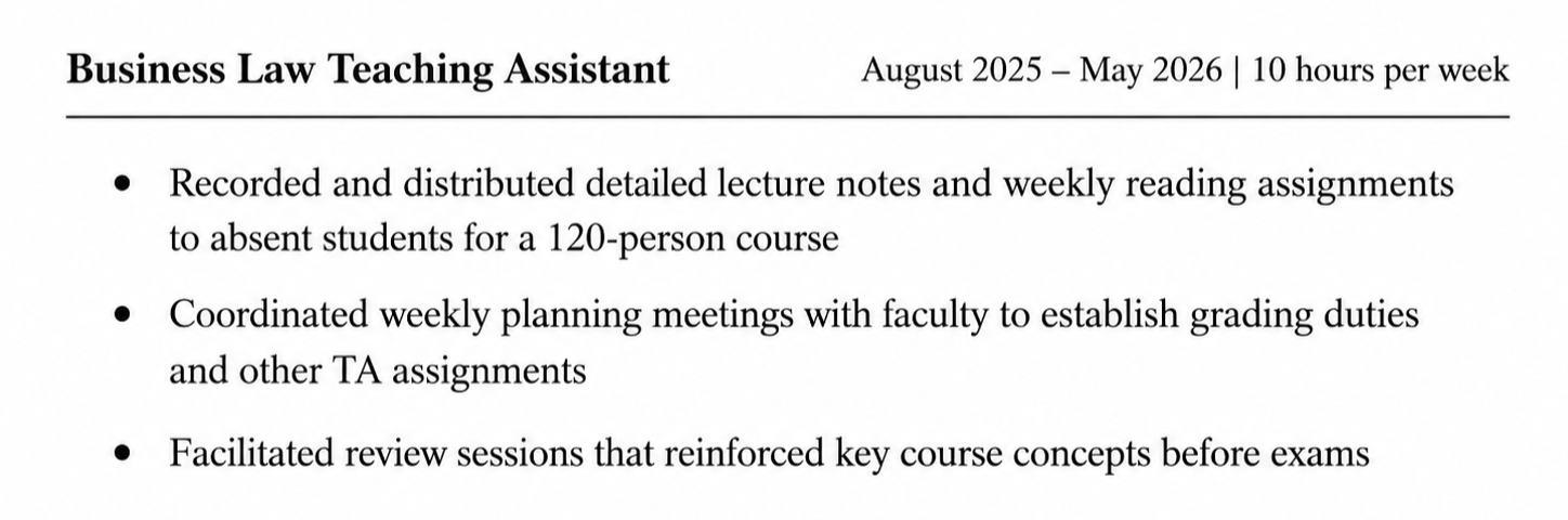 Snippet of a strong law school resume work experience entry