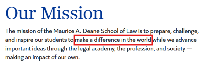 Screenshot of Hofstra Law's mission statements that highlights it looks for students that will make a difference in the world