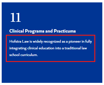 Screenshot of Hofstra Law's JD page that suggests the law program interweaves clinical education with a traditional law school curriculum.