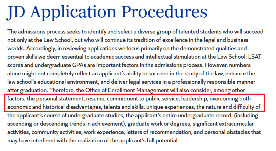 Screenshot of Hofstra Law's JD admissions page that suggests it looks for students who have overcome economic and historical disadvantages