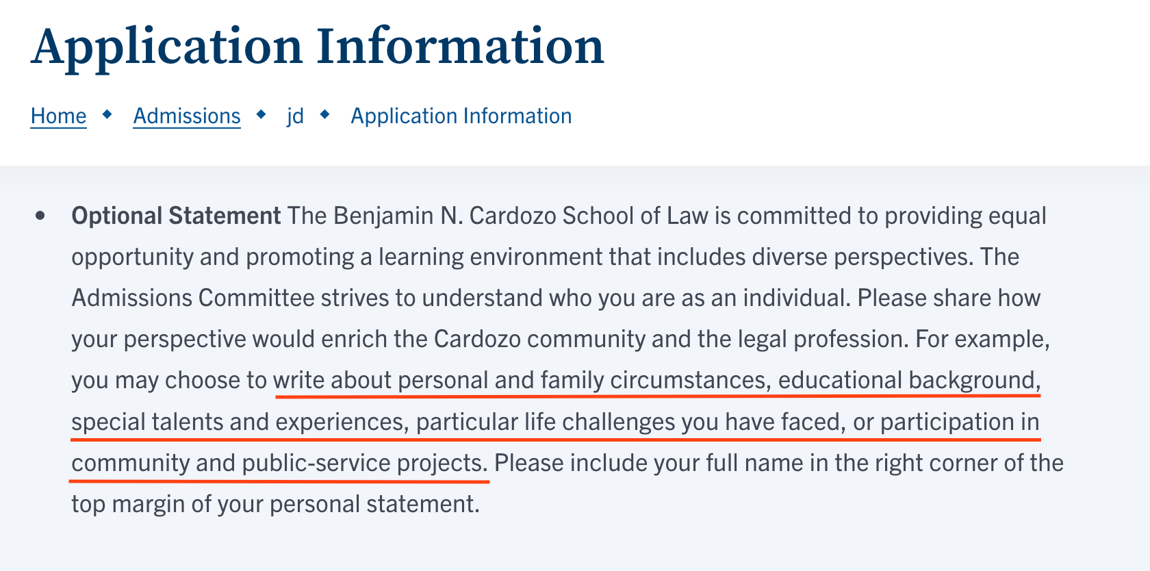 Screenshot of Cardozo Law Optional Statement for JD Admission Application