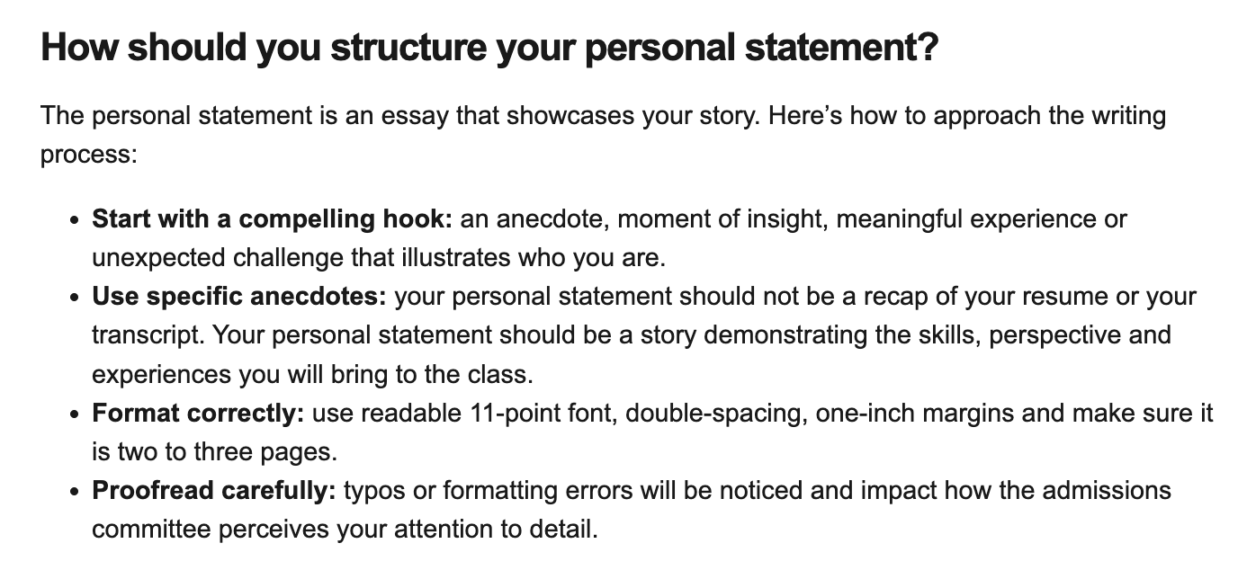 screenshot of how to structure your personal statement