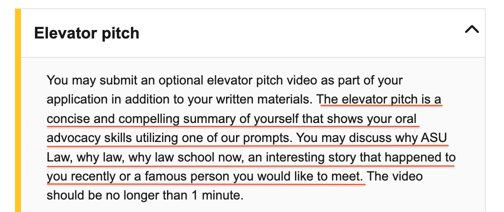 screenshot of of Elevator Pitch for ASU Law application