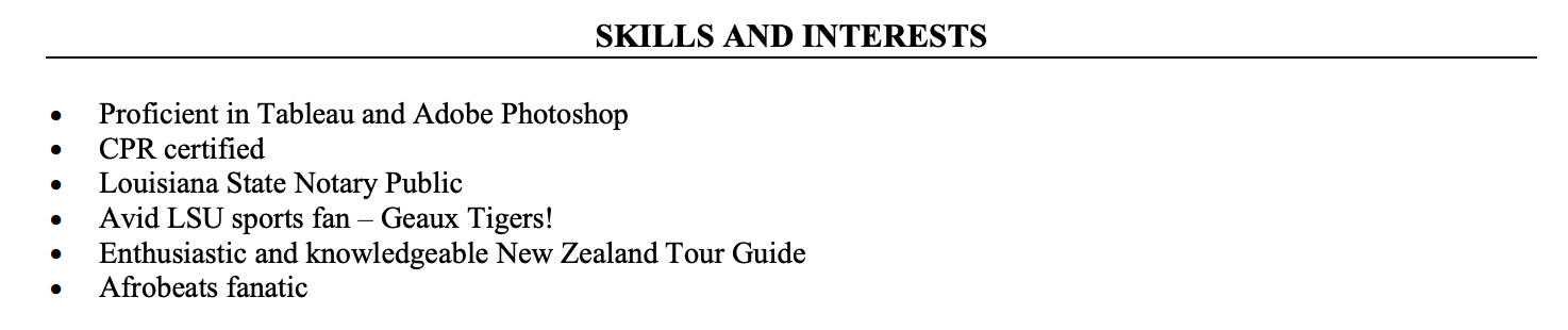 Screenshot shows sample of skills and interest