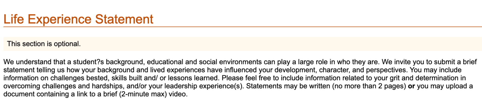 Screenshot of W&L Law's  Life experience statement