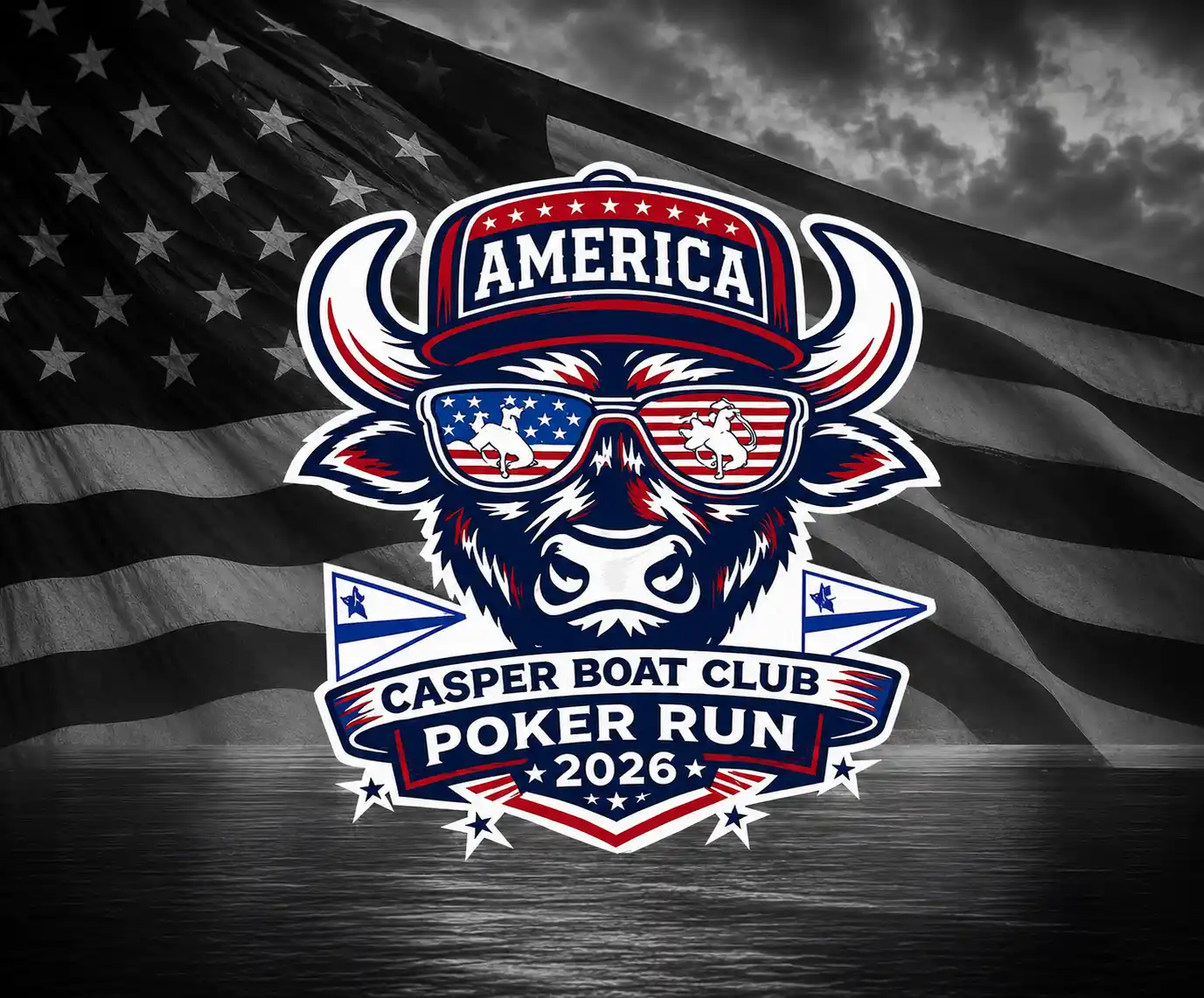 Logo of a bull wearing a hat and sunglasses with American flag patterns, text Casper Boat Club Poker Run 2026.