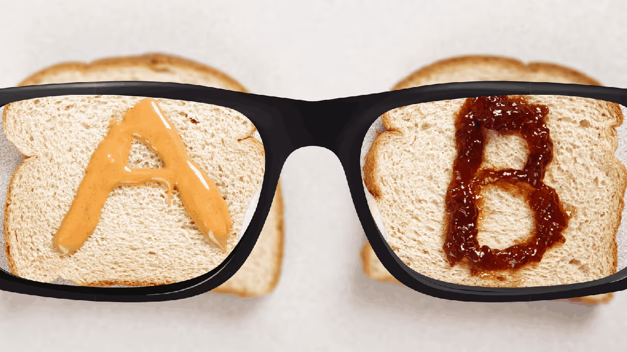 A pair of glasses showing peanut butter on bread and jelly on bread, illustrating A/B testing