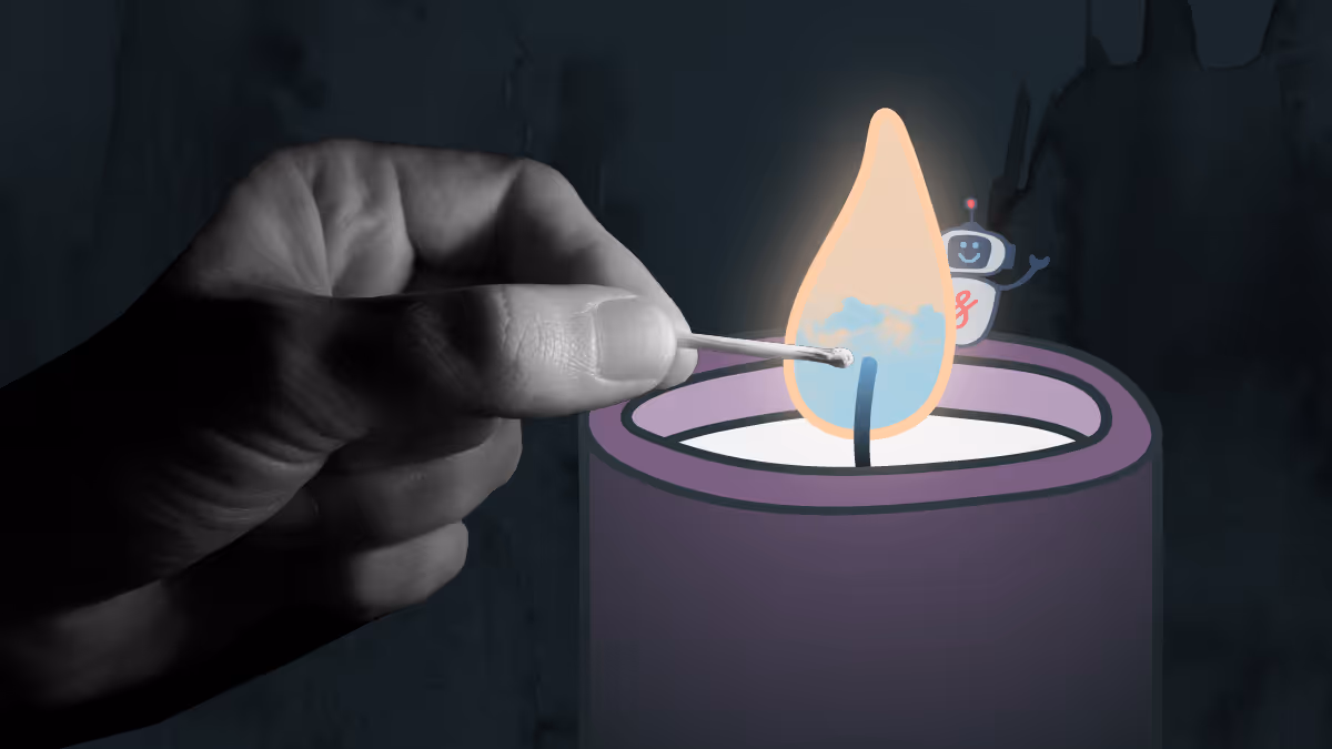 A collage of a hand lighting a candle while a Fluency robot waves happily in the background.