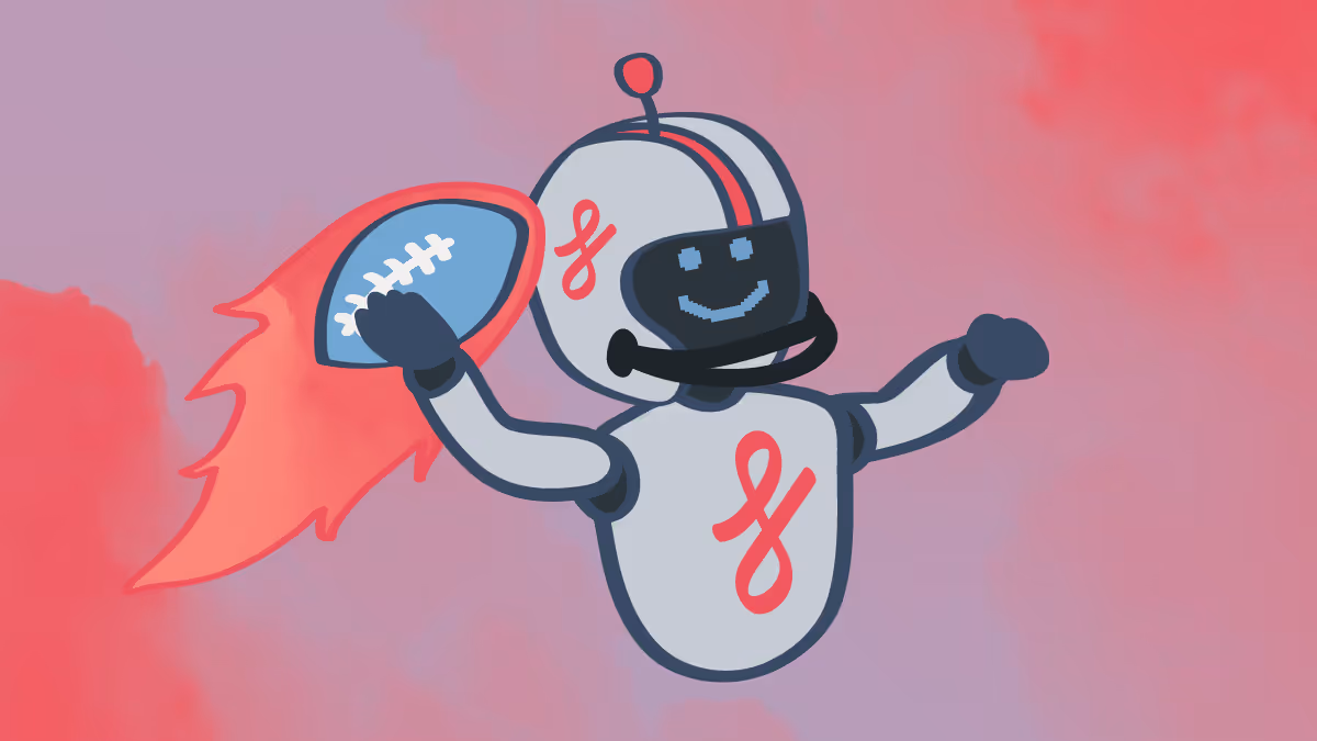 A robot about to throw a football, referencing automation's ability to prepare you for advertising during big games.