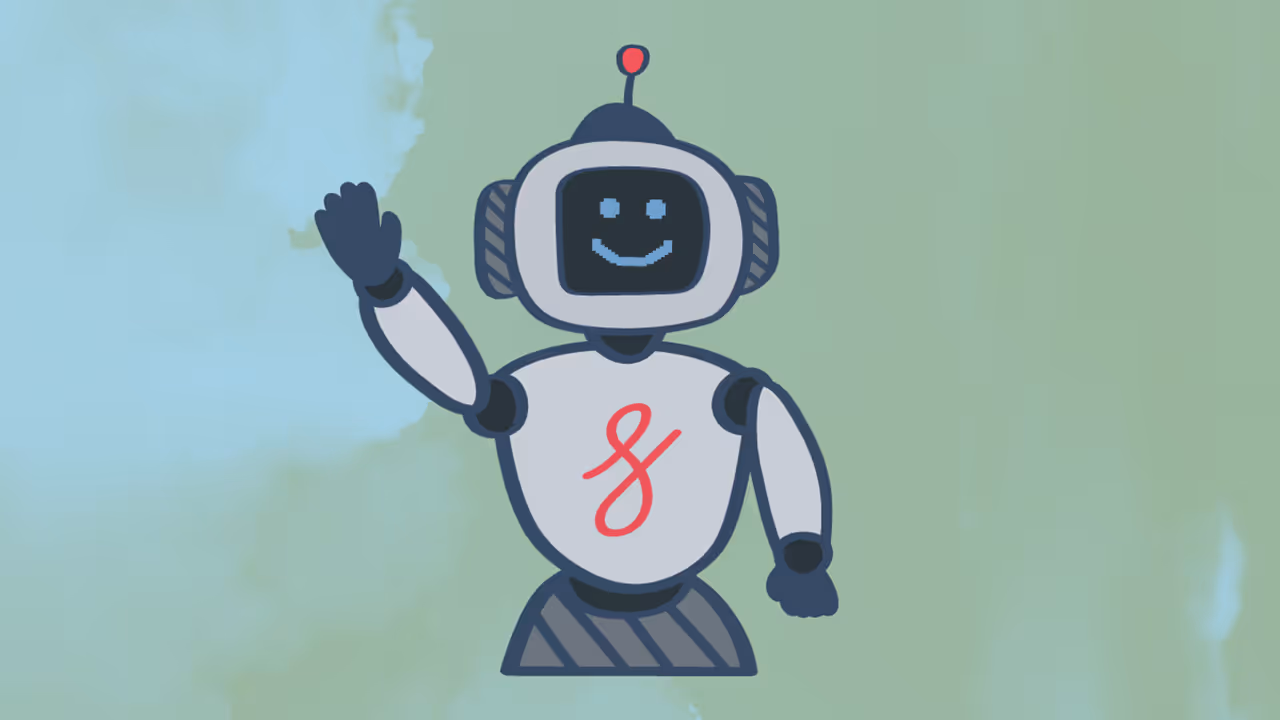 A smiling robot waving happily against a field of green and blue.