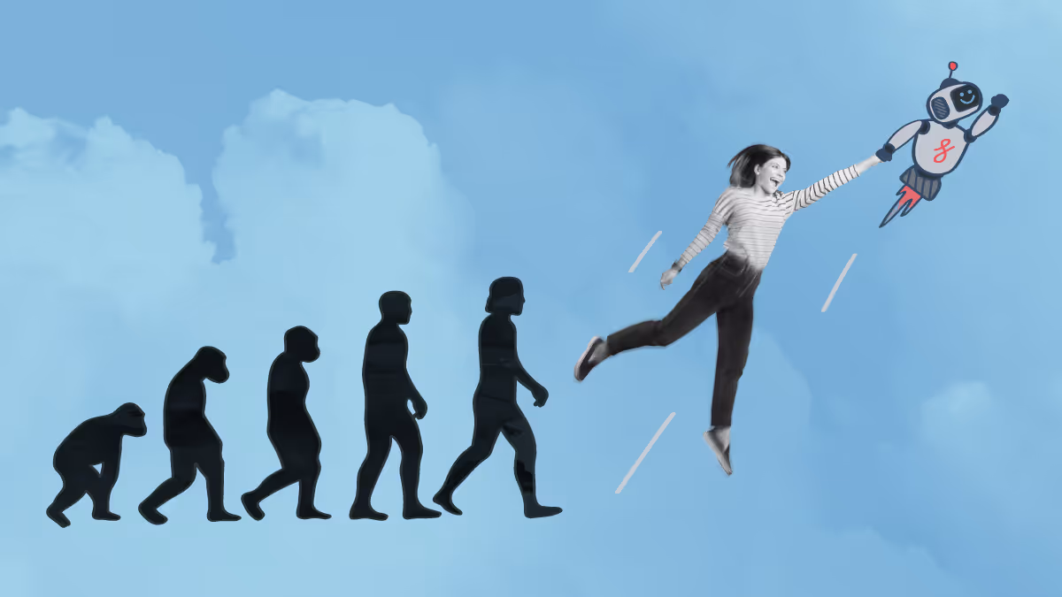A collage of evolutionary change, from ape through human, then an automation-enabled robot helping the human to soar to new heights.