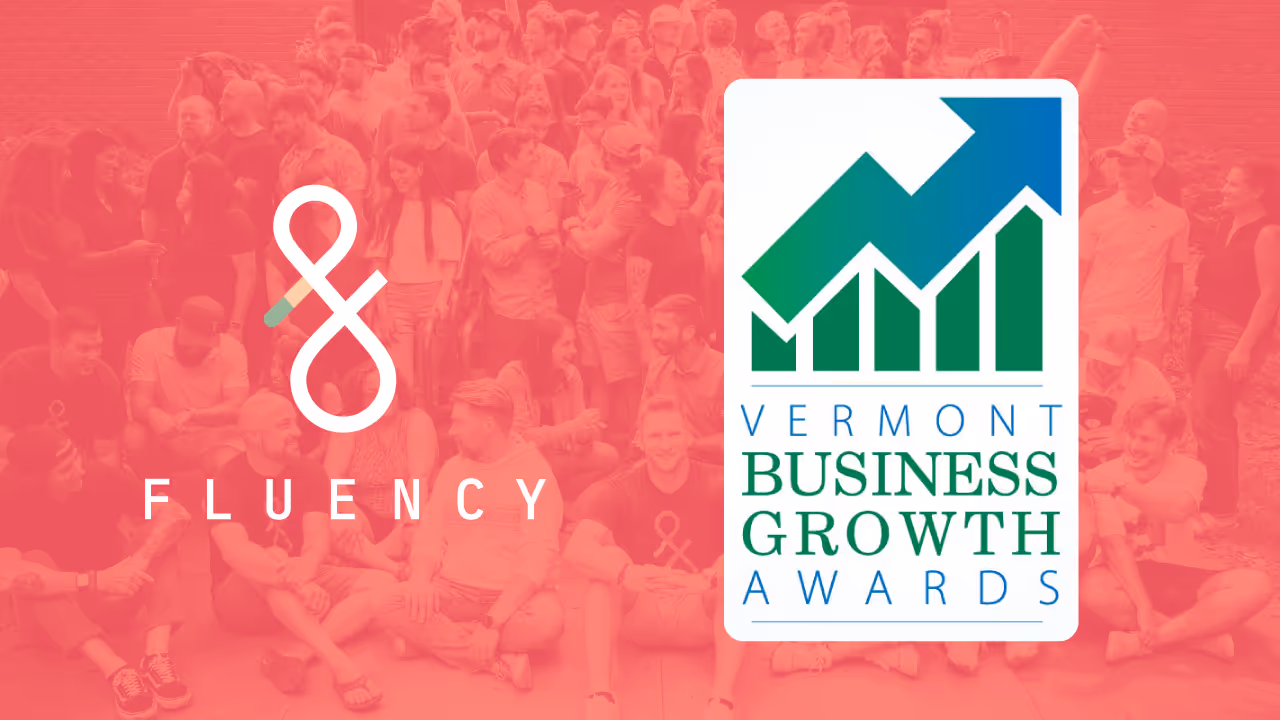 fluency logo on a red background with Vermont business growth award 