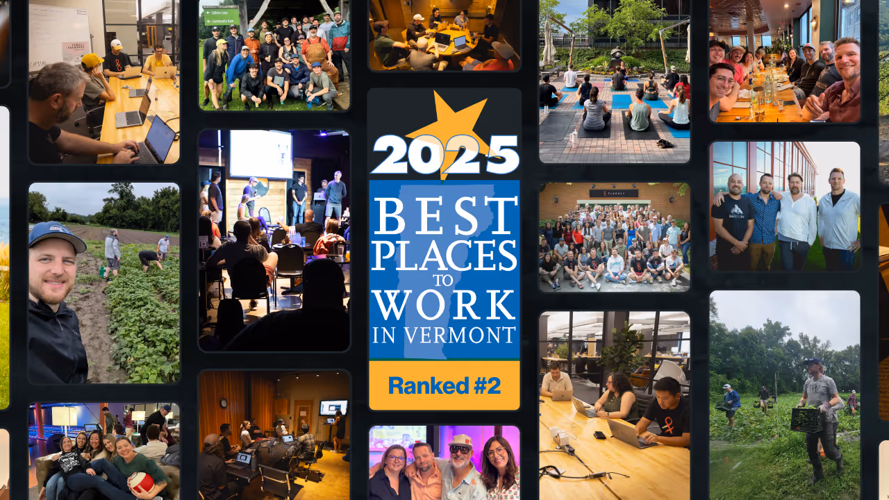Collage of Fluency employees with Vermont Best Places to Work logo