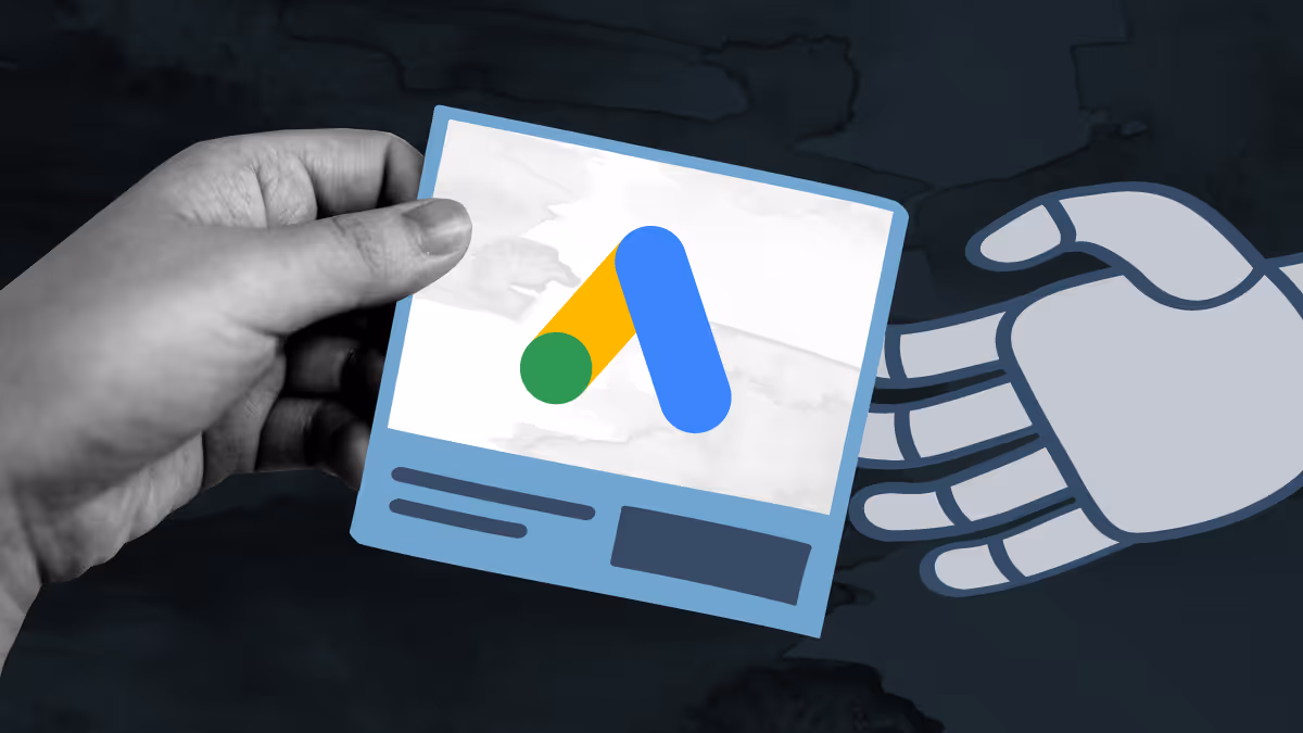 A human hand handing the google ads logo to the robot hand
