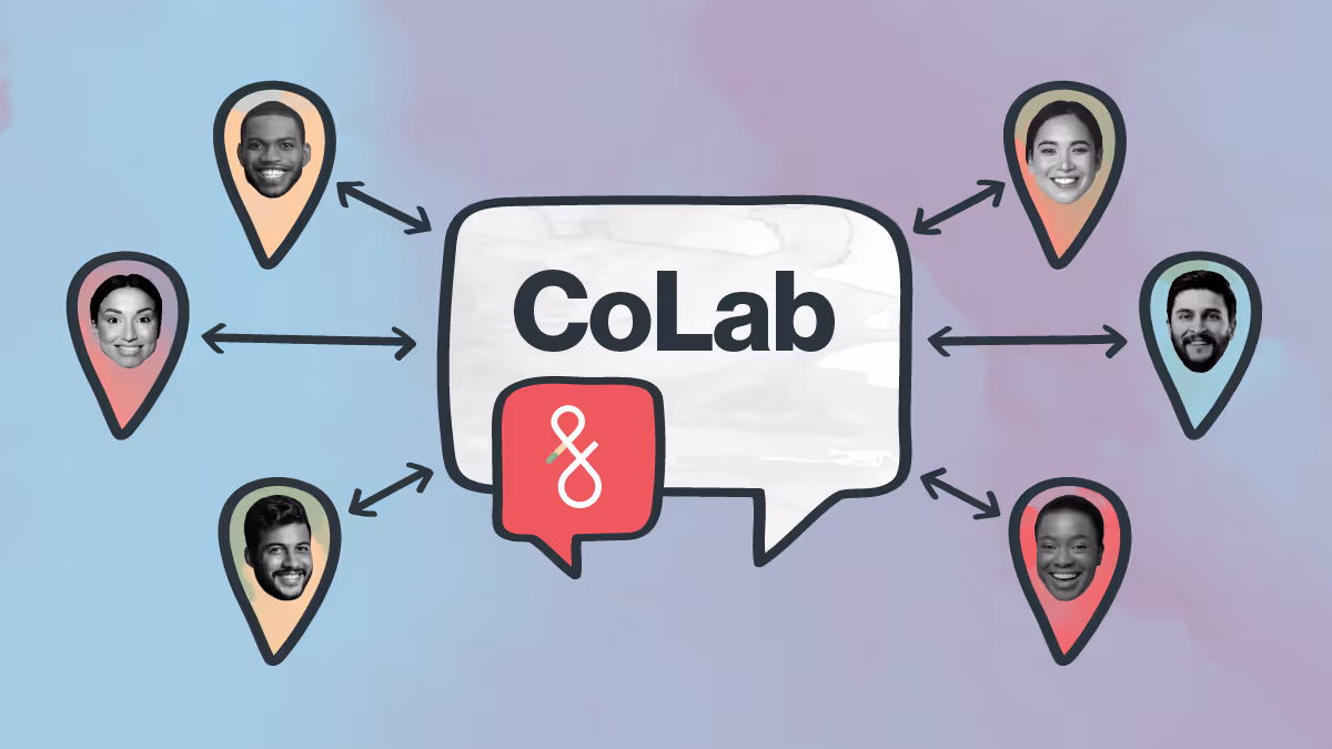 A collage that has the word "colab" in a speech bubble, with spokes going out from it to people's faces.