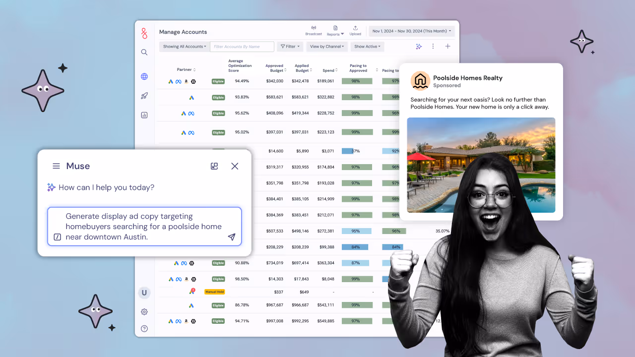 Array of different Muse AI user interfaces with happy woman using the tool