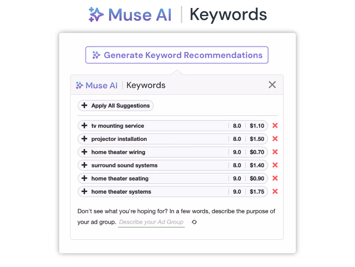 Muse AI product screenshot showing how it generates recommended keywords based on ad group data