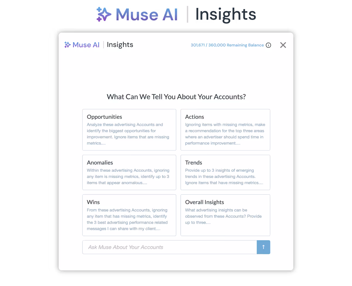 Muse AI product screenshot showing what it can do for advertising account management insights