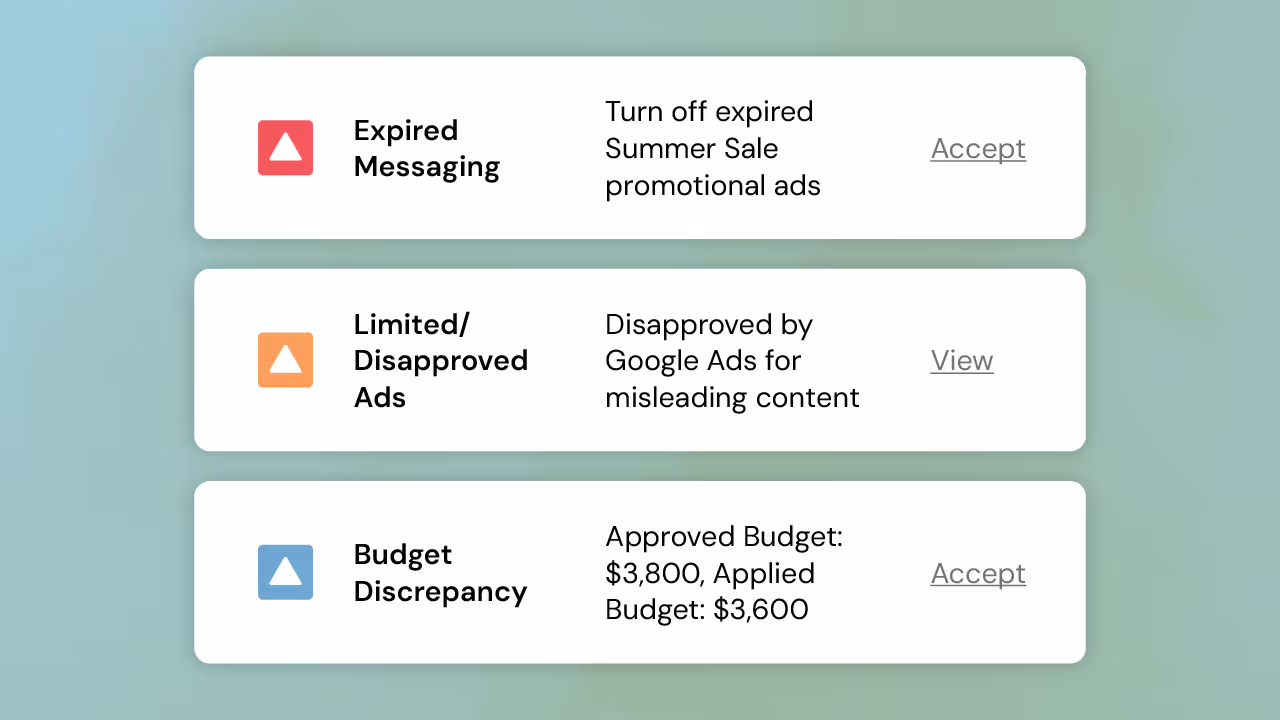 Three advertising campaign management notifications showing different alerts.