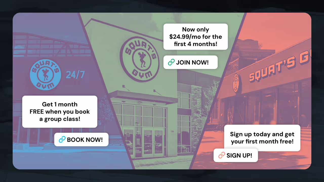 Three multilocation advertising promotions for a fictional franchise fitness company