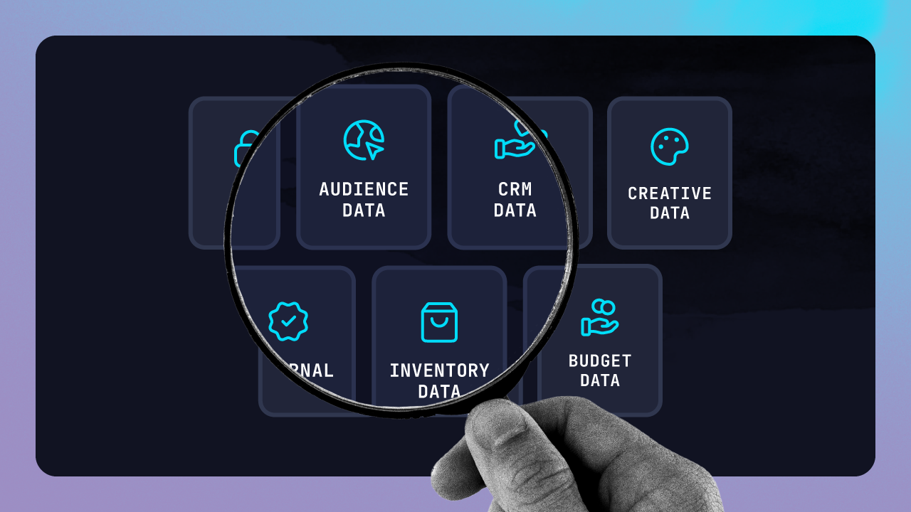 Illustration of a magnifying glass over different advertising data types