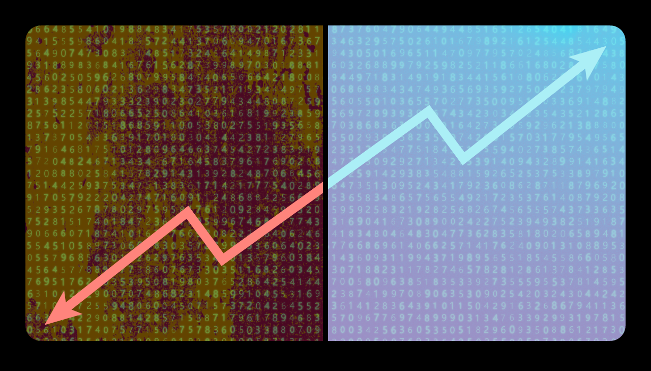 Photo-illustration showing poor data on the left with a downward arrow and bright, clean data on the right with an upward arrow