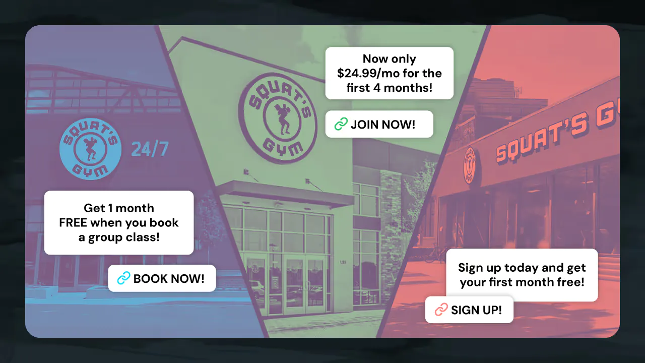 Three multilocation advertising promotions for a fictional franchise fitness company