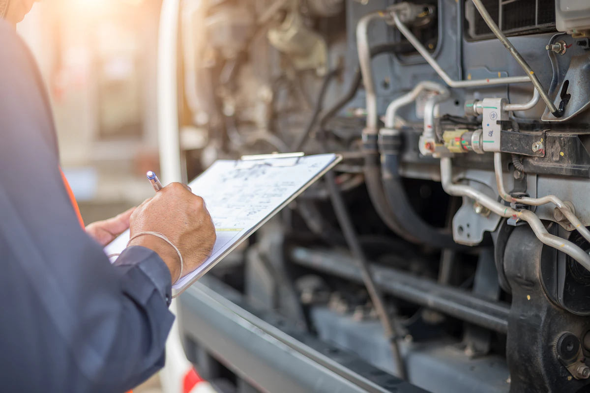 Technician inspecting industrial machinery, clipboard, maintenance check