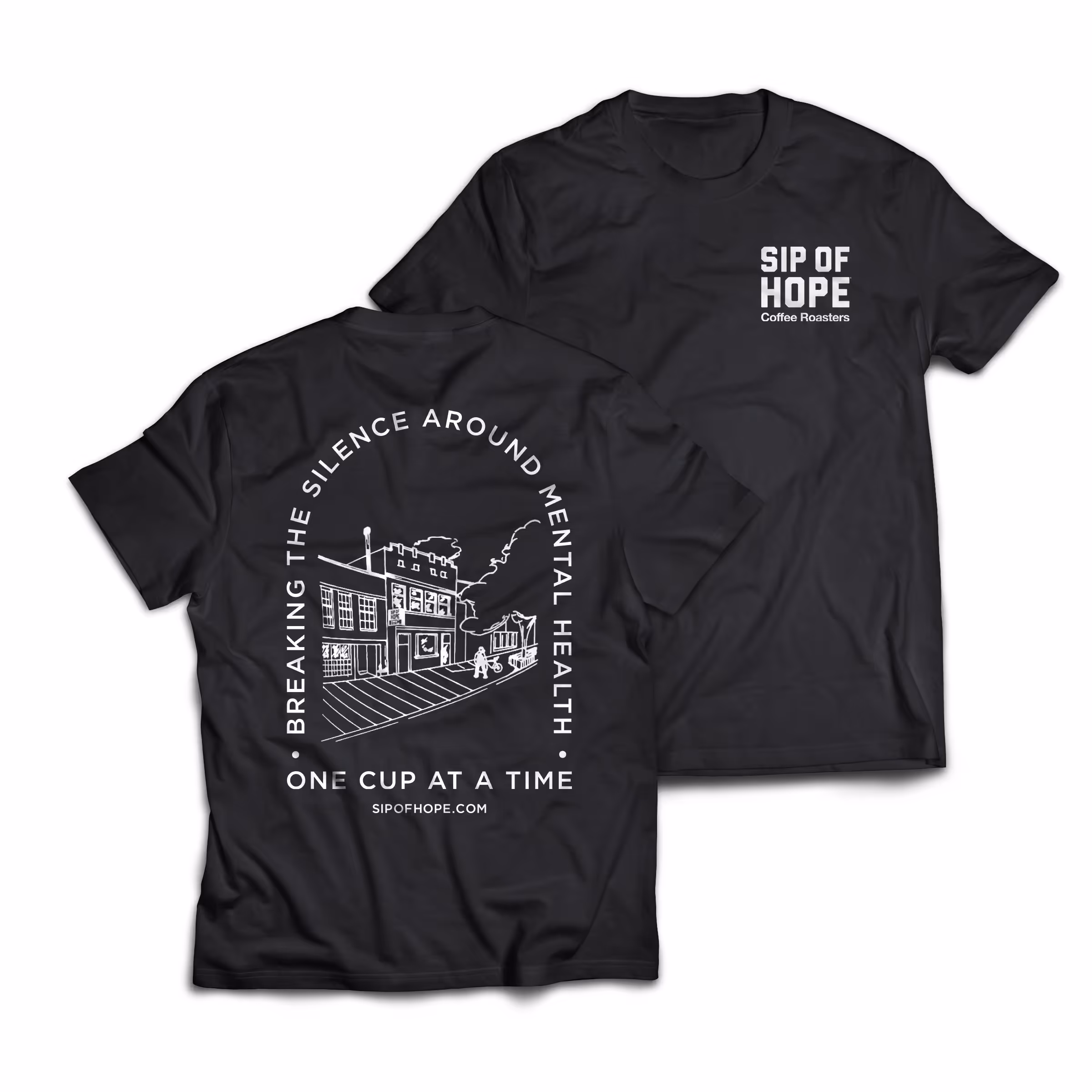Black t-shirt with cafe graphic.
