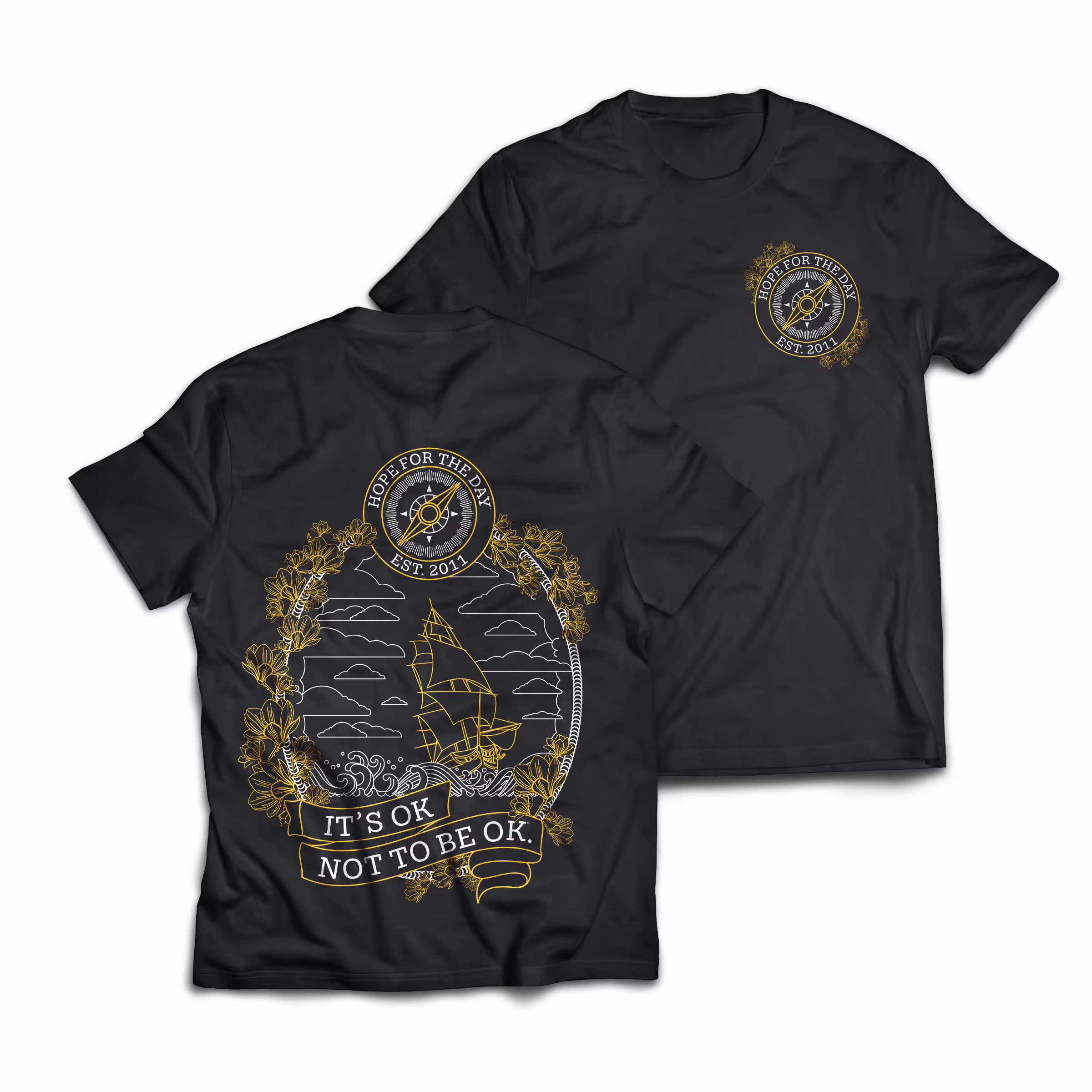 Black t-shirt with sailing "it's ok" graphic.