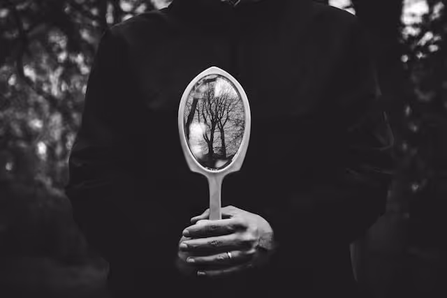 Man in black suit holding mirror