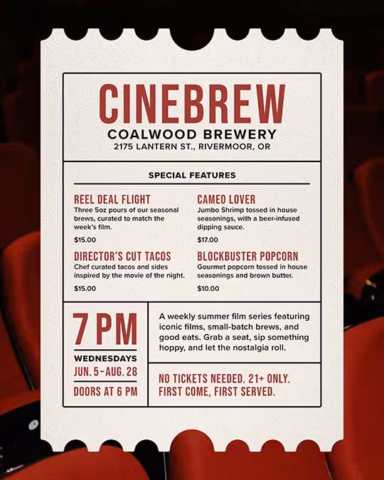 A poster for a bar event, featuring a colorful design with a cainema ticket displaying details about a movie screening series.