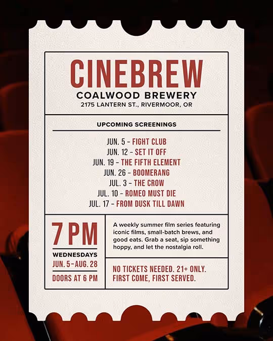A poster for a bar event, featuring a colorful design with a cainema ticket displaying details about a movie screening series.