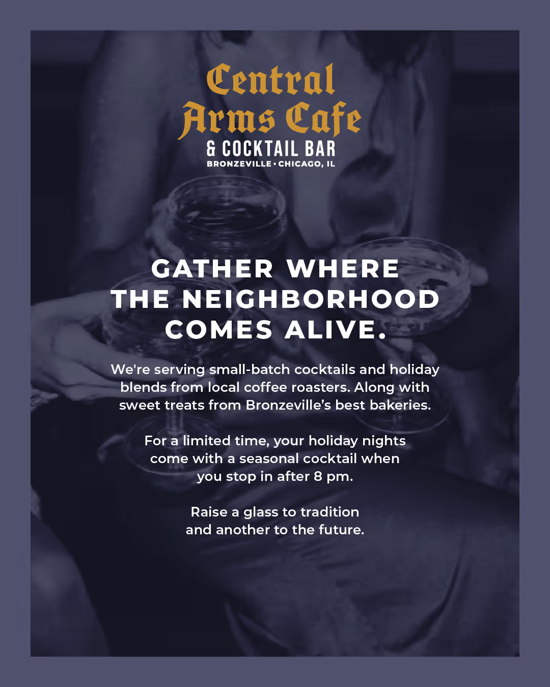 Promotional flyer for Central Arms Cafe showcasing food and drink offerings. Along with an after hours special.