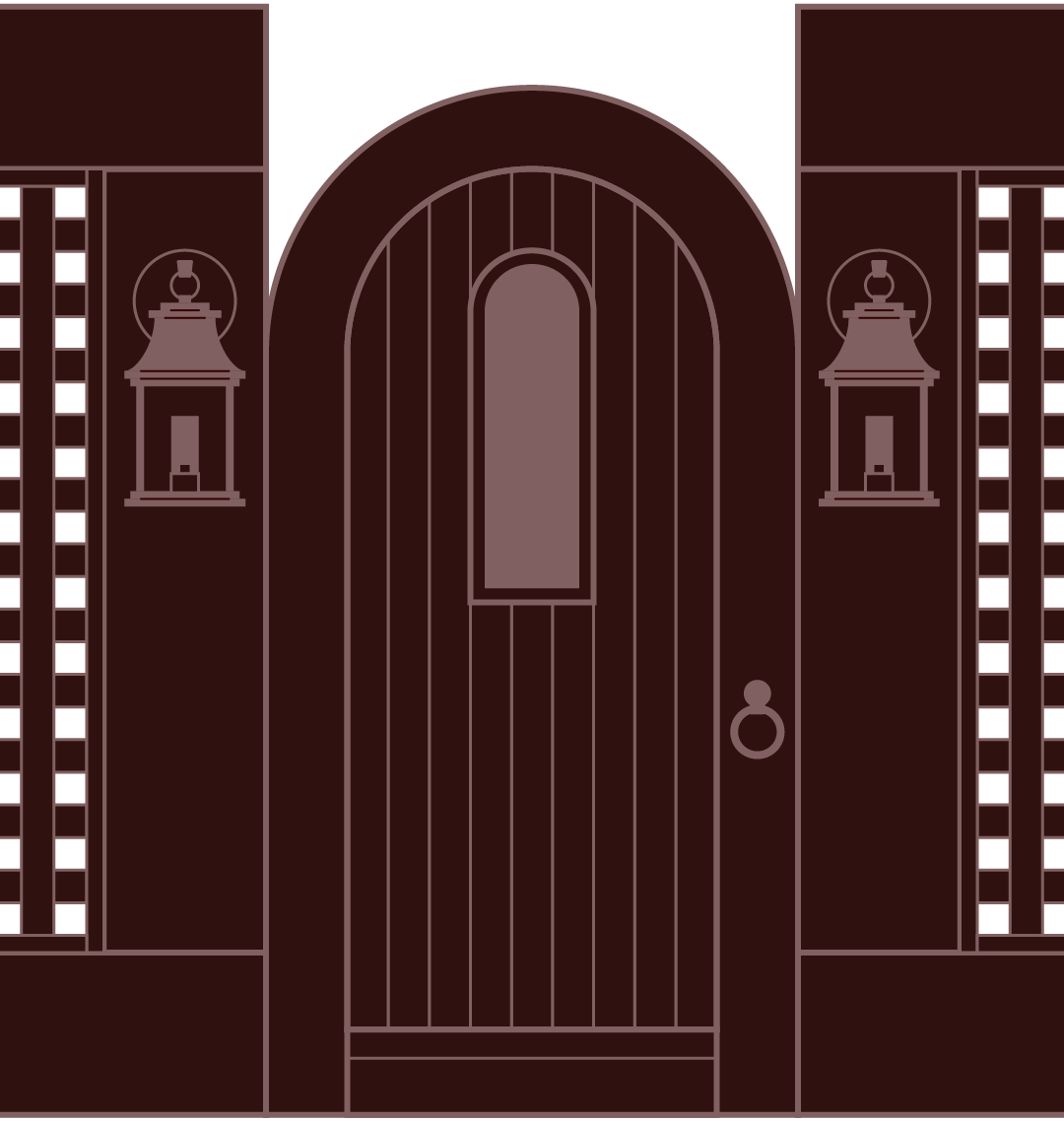 An illustration of a wooden gate to an English garden.