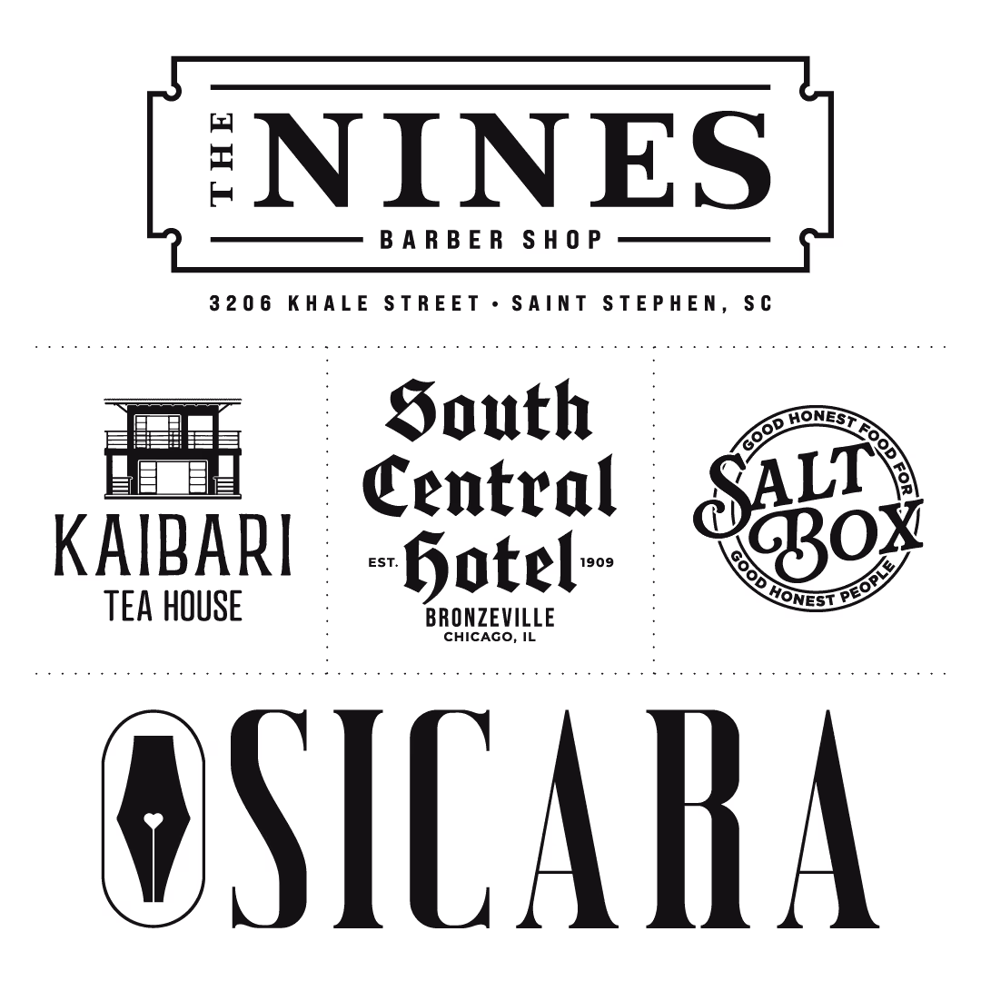 A collection of five black and white business logo designs for The Nines Barber Shop, Kaibari Tea House, South Central Hotel, Salt Box, and Sicara, displayed on a light background.