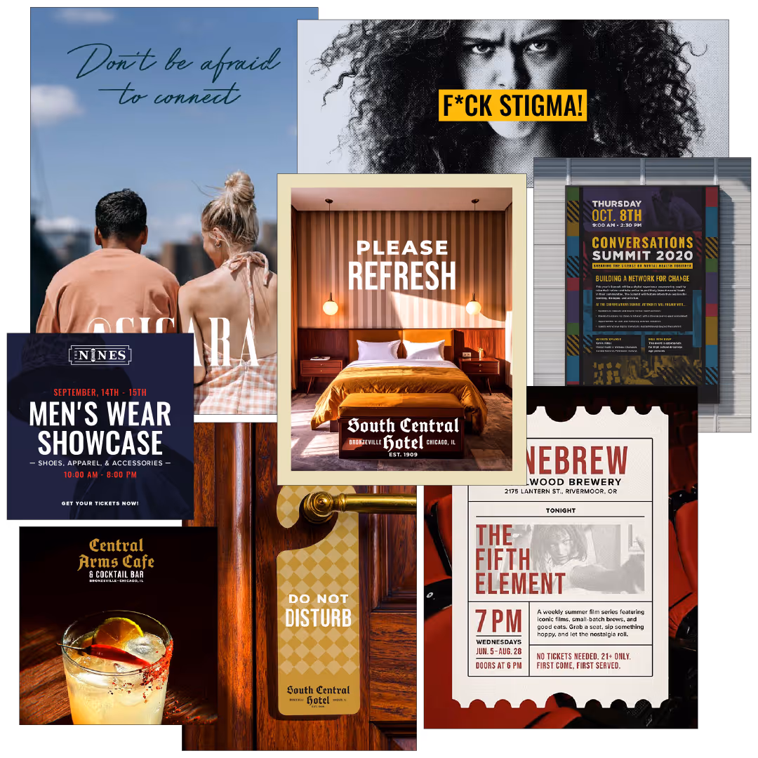 A collage featuring event and marketing posters, a hotel door hanger. Highlights include a men’s wear showcase, South Central Hotel Instagram post, and bold “F*ck Stigma” social media banner.