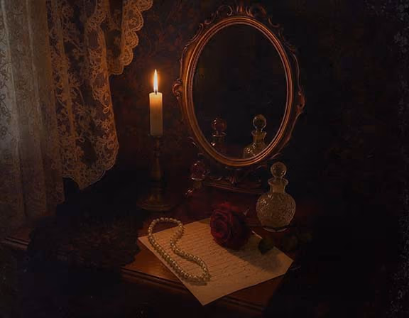 A lit candle, pearl necklace, red rose, glass perfume bottles, and a handwritten letter sit on a wooden vanity beside a lace curtain and an ornate oval mirror, creating a vintage, romantic atmosphere.