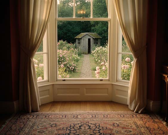 A large window with cream curtains overlooks a garden path lined with flowers, leading to a small wooden shed. Sunlight gently lights the room, which has a patterned rug and wooden floor.