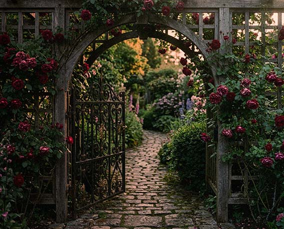 An open wrought iron gate under a wooden arch covered in red roses leads to a winding stone path through a lush, flowering garden at sunset.