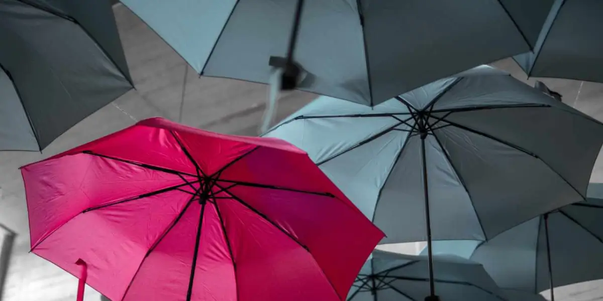 Several umbrellas are visible against a gray sky.
